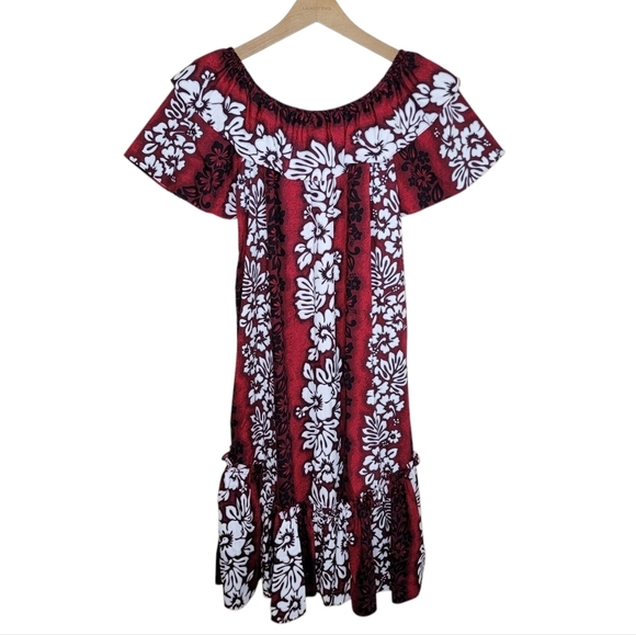 Vintage Royal Creations Red Hawaiian Floral Off Shoulder Midi Dress Size Medium - Picture 1 of 6
